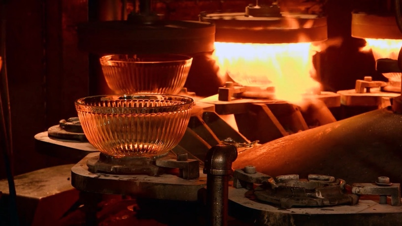 Glass bowls heated in an industrial furnace