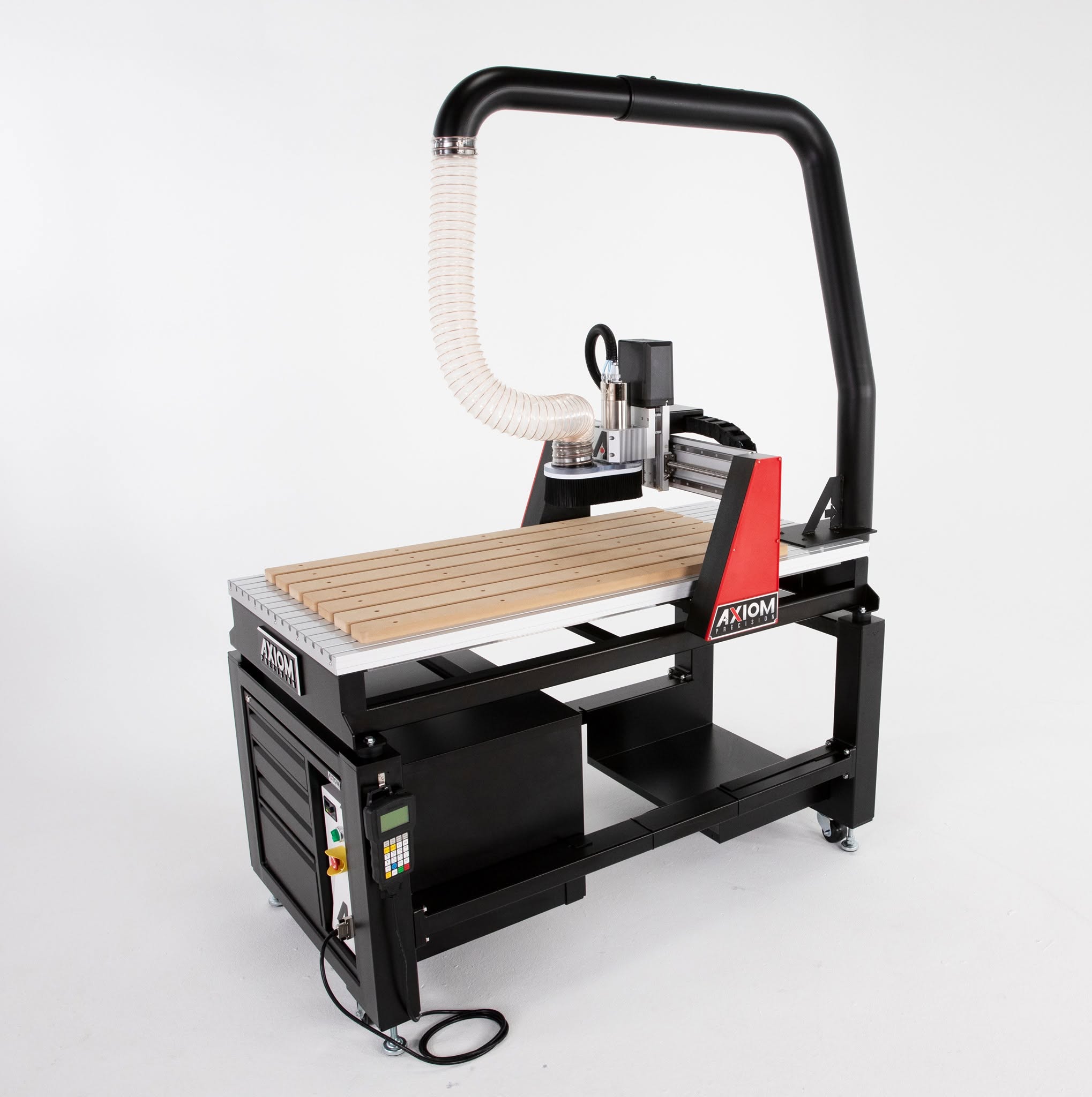 Axiom CNC router with an overhead dust-collection arm and hose against a white background