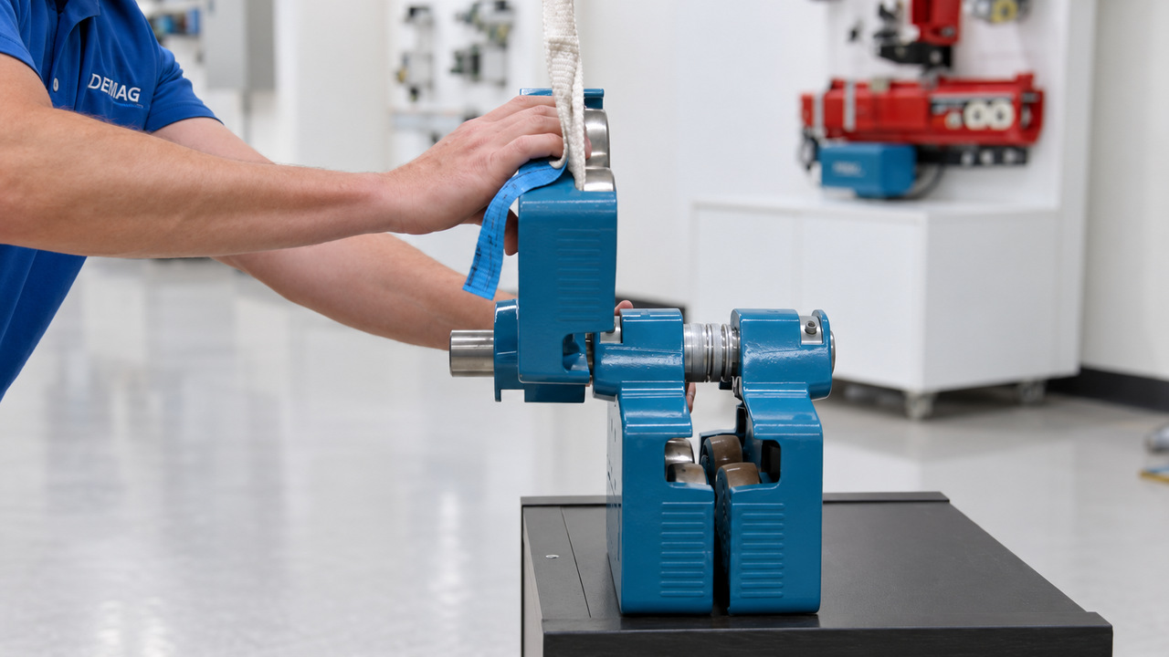 An operator positions a component using a Demag DCBS electric balancer
