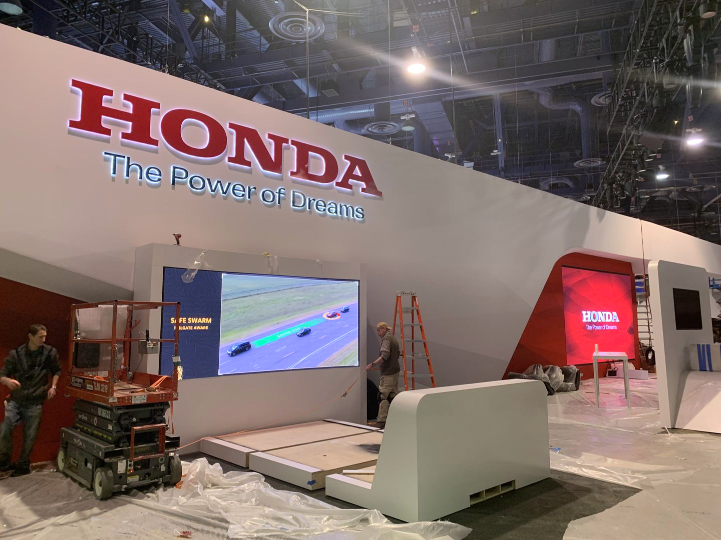 Honda exhibition stand and screening area during CES installation