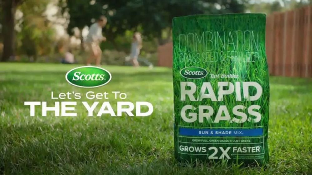 Scotts Rapid Grass product bag and Let’s Get To The Yard branding in the commercial’s closing frame