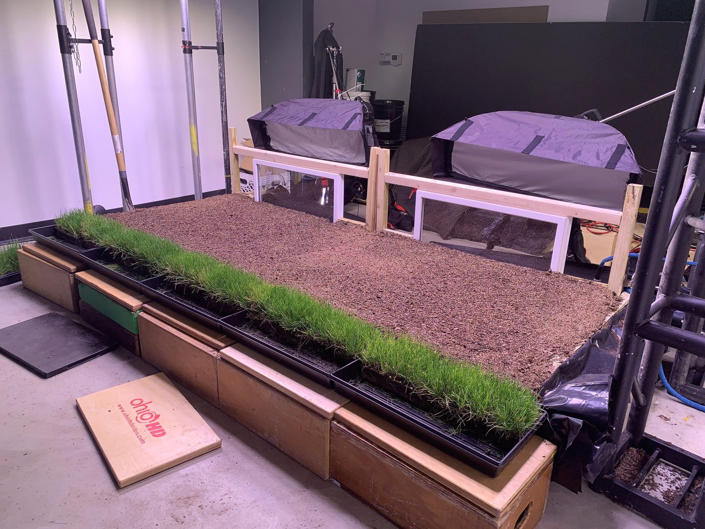 Narrow planted bed arranged for a side view of grass growth